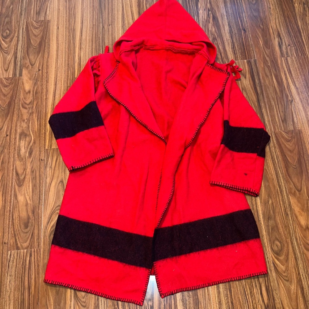 Vintage Handmade Red Wool Blanket Coat Hooded Fringe Whipstitch Stripe Robe XL